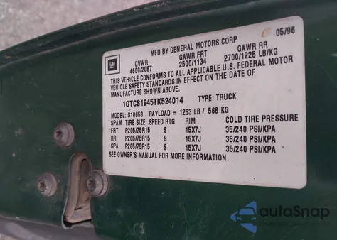 1996 GMC Sonoma z USA, uszkodzony, nr VIN 1GTCS1945TK524014